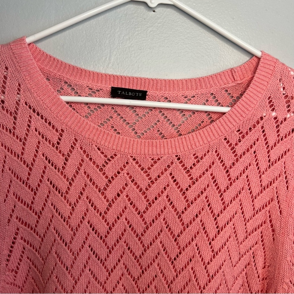Talbots Womens PINK Open-Knit Chevron Pullover Linen Blend Sweater Sz L 3/4 Slee - Picture 6 of 11